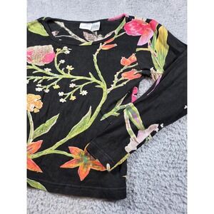 Newport News Floral Sequin Top M Black Womens Long Sleeve Scoop Neck Botanical